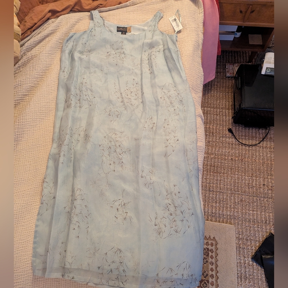 Beautiful Pure Silk 100% Dusty Baby Blue Floral Oversize Shift Dress NWT 2X